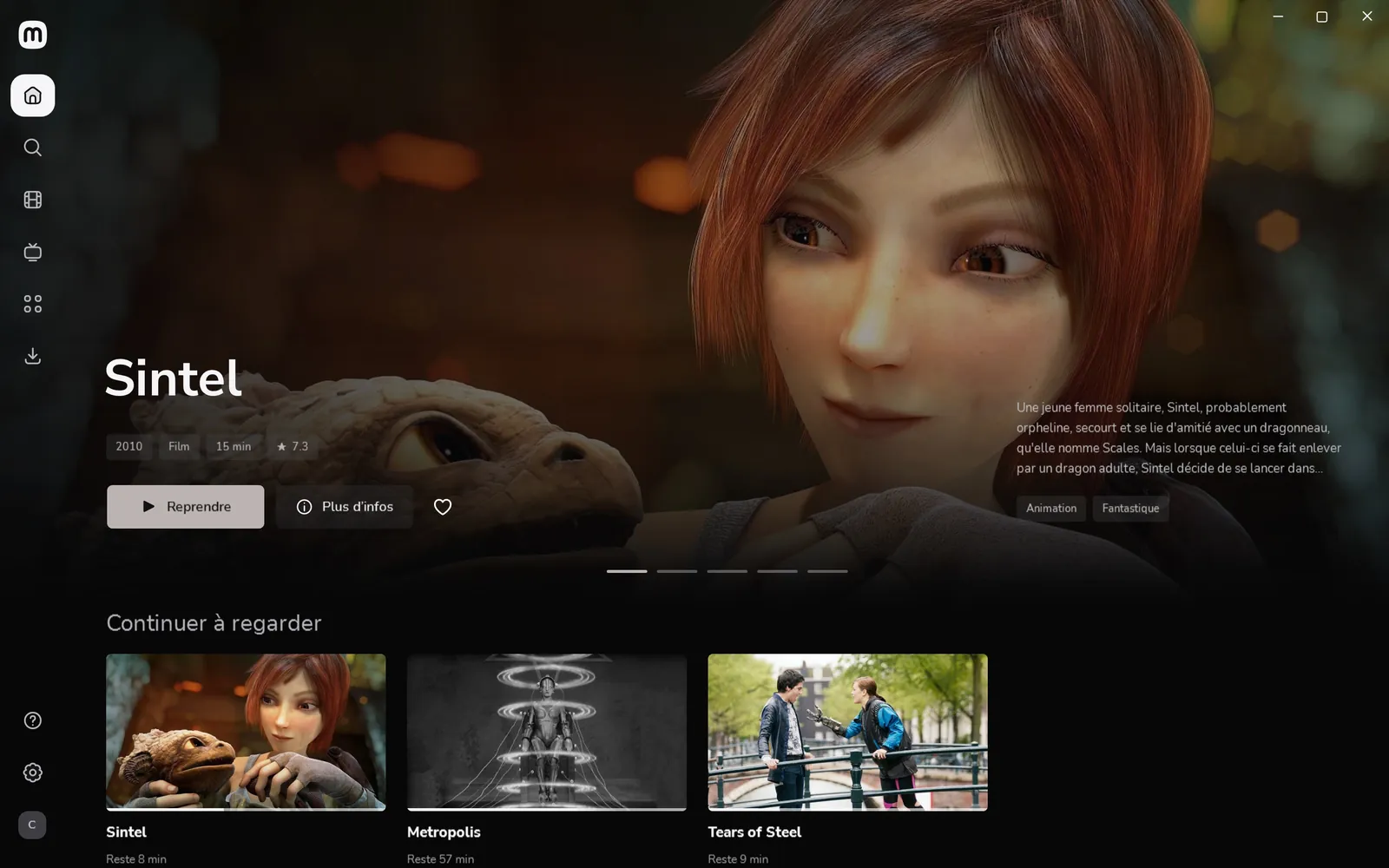L’accueil de Mira pour Windows : Sintel en grand, « Continuer à regarder » avec Metropolis et Tears of Steel.